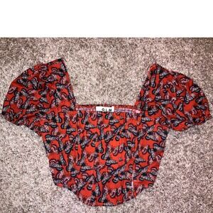 NWOT O.L.M. Red Butterfly Print Corset Top‎ Crop Ruffled Sleeve Square Neckline